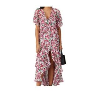 MISA LOS ANGELES Katarina V Neck Asymmetric Sheer Maxi Dress Floral Ditsy S